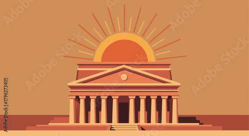 Sunrise behind a classical building evoking history and architectural design