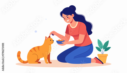 A happy woman feeding her ginger cat, illustrating the loving bond and daily pet care in a cozy home environment, highlighting responsible pet ownership and well-being
