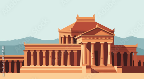 Stylized Illustration of an Ancient Temple with Column Architecture and Mountain Backdrop