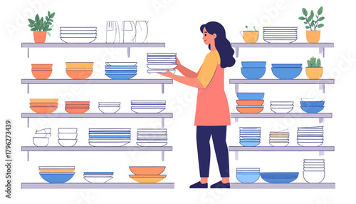 Woman Arranging Plates and Bowls on Shelves at Home