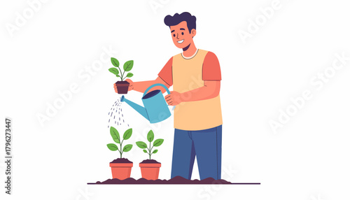 A young man happily waters his newly planted seedlings in pots, fostering growth in a serene gardening scene