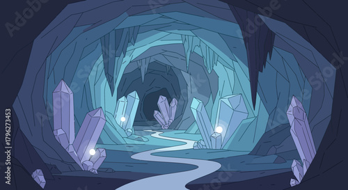 Mystical crystal cave illustration with a winding path and glowing gemstones for fantasy and