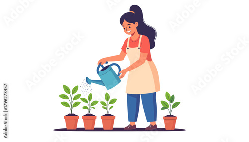 Illustration of a smiling woman tenderly watering her small potted plants, a concept of nurturing growth and a peaceful hobby