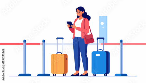 Young woman with luggage standing in a queue at the airport terminal, looking at her smartphone while waiting for check-in or boarding