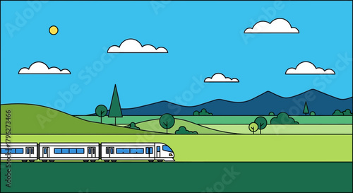 Modern train traveling across scenic landscape illustration in minimalist style