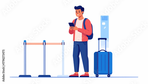 Man Using Mobile Phone at Airport with Luggage Vector Illustration