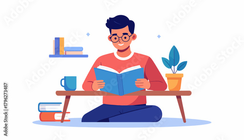 Man Enjoying Reading in Cozy Room A Vector Illustration Depicting Leisure and Learning