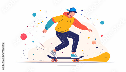 Dynamic illustration of a young man skateboarding with colorful abstract elements in the background