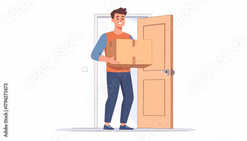 Package Delivery Smiling Man Bringing Cardboard Box to Your Door