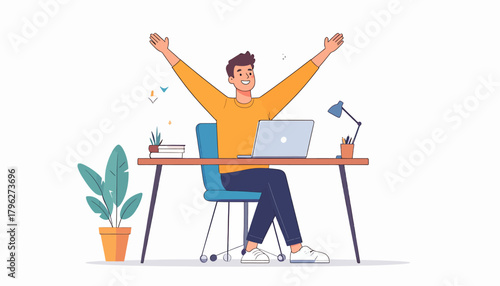Happy man celebrating at desk cheerful worker with laptop, arms raised, success, achievement, joy, office