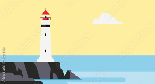 Minimalist lighthouse scene featuring a coastal tower on a rocky outcrop near the sea