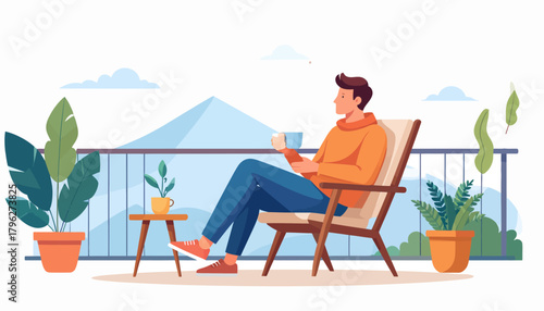 Man Relaxing on Balcony with a Coffee Cup, Enjoying Mountain View and Reading