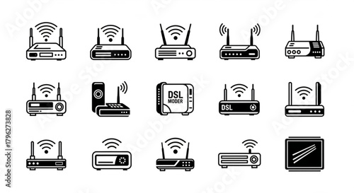A collection of router icons, each representing a different model and design, , symbolizing network connectivity and technology