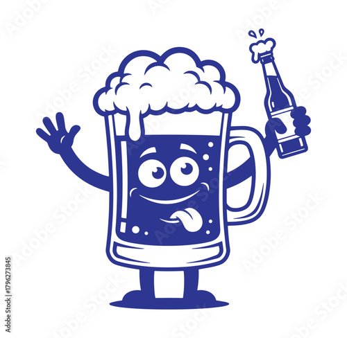 Cheerful cartoon beer mug with a bottle greeting and smiling on a white background