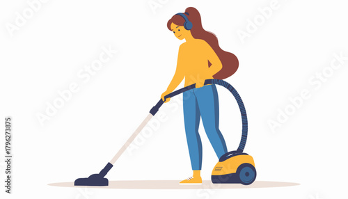Woman using a vacuum cleaner to clean the floor in a stylized graphic illustration