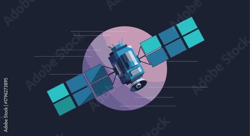 Illustration of satellite orbiting earth providing communication and navigation network technology