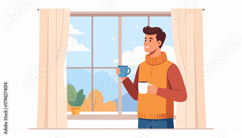 A man holding a cup of coffee while looking out the window on a cloudy day, with trees and hills in the background