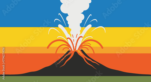 Colorful illustration showcasing the vibrant eruption of a volcano against a striped backdrop