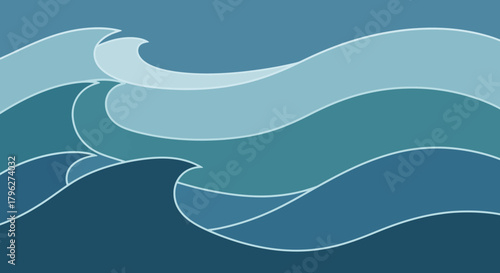 Stylized blue ocean waves illustration with varying shades and soft white outlines for modern