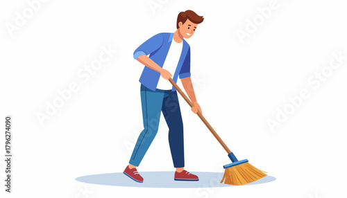 Illustration of a man sweeping the floor with a broom, engaged in household chores or cleaning activities