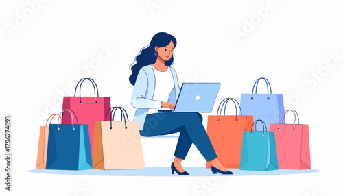 Online Shopping Illustration Woman Enjoying Purchases with Laptop and Shopping Bags
