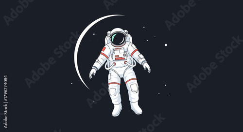 Astronaut floating in space with crescent moon and stars cosmic dreamscape graphic design