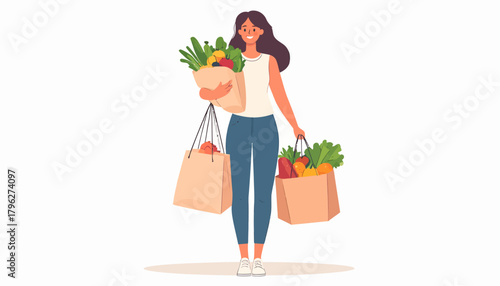 Woman Carrying Grocery Bags Full of Fresh Produce and Groceries with Sustainable Shopping Concept