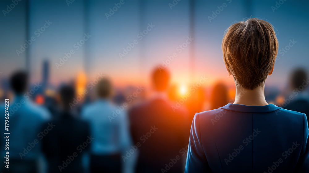 Fototapeta premium A group of professionals gather at sunset, symbolizing teamwork, leadership, and forward-thinking in a modern workplace environment.