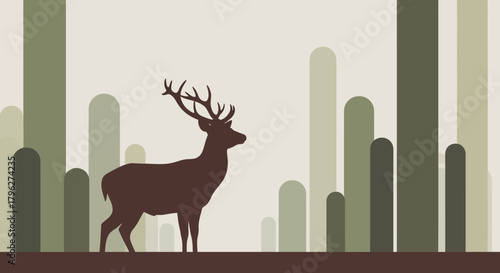 Stylized Deer Silhouette in a Forest with Abstract Green Vertical Shapes Graphic