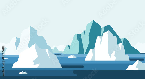 Minimalist Illustration of Icebergs in the Arctic Ocean with Flat Design Aesthetics