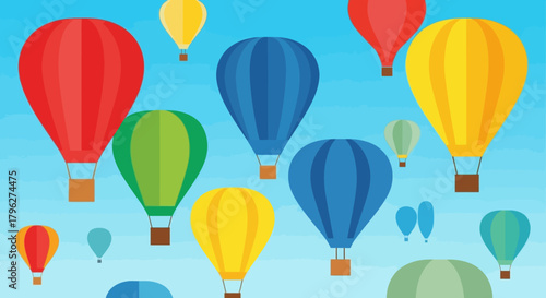 Colorful Hot Air Balloons Floating in a Bright Blue Sky Graphic Illustration