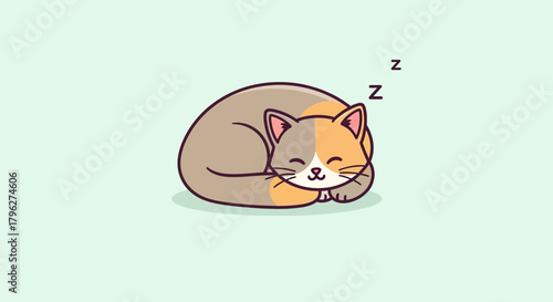 Adorable Sleeping Cat Illustration: A Cartoon Kitten Napping Peacefully on Pastel Background