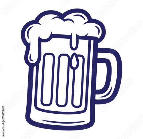 Dark blue outlined beer mug with overflowing foam on a white background