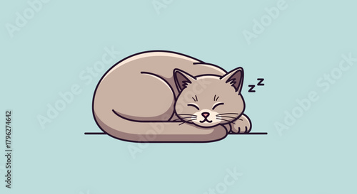 Adorable illustration of a sleeping cat curled up on a light blue background so peaceful