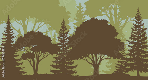 Abstract serene green forest silhouette scene with pine trees and deciduous trees vector