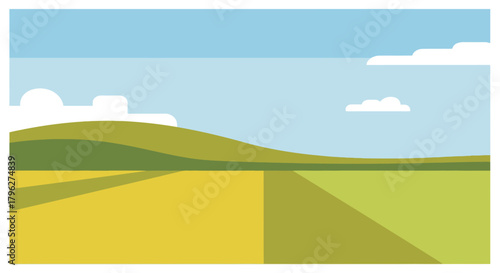 Stylized countryside landscape with rolling hills and a serene sky, Minimalist vector illustration