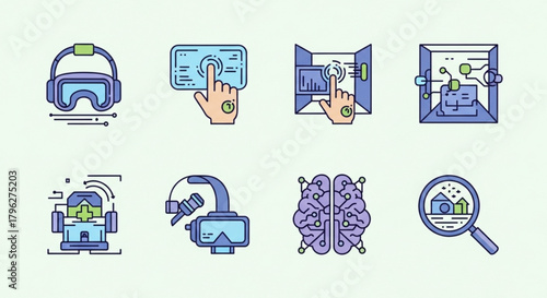 Collection of virtual reality and technology icons, representing innovation, artificial intelligence, and digital experiences