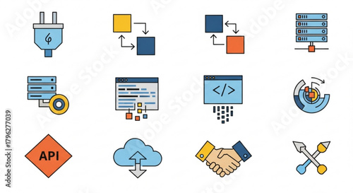 Set of flat line icons depicting various api development elements, including server connections, data processing, coding interfaces, cloud services, and handshake agreements