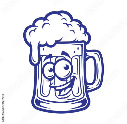 Happy beer mug cartoon character with frothy foam and smiling face illustration