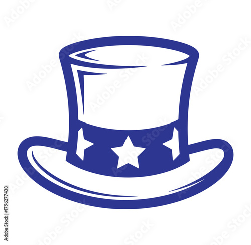 Patriotic blue and white uncle sam top hat illustration with star embellishments emblem