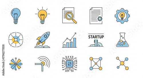 A collection of startup icons, , representing ideas, innovation, and growth, perfect for illustrating business concepts and ventures