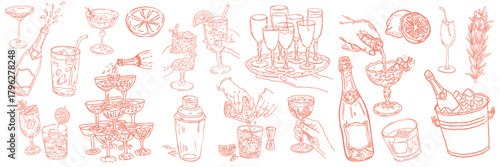Set of hand-drawn cocktail and champagne illustrations for party design and celebration themes