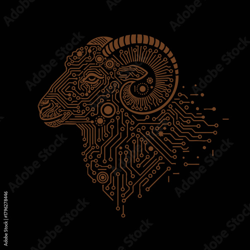 Digital ram head with intricate circuit board patterns and electronic components on a dark background, blending nature and technology.
