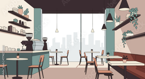 Modern and minimalist cafe interior design with city view and stylish furniture and decoration