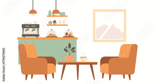 Cozy cafe interior vector illustration with armchairs and coffee machine scene