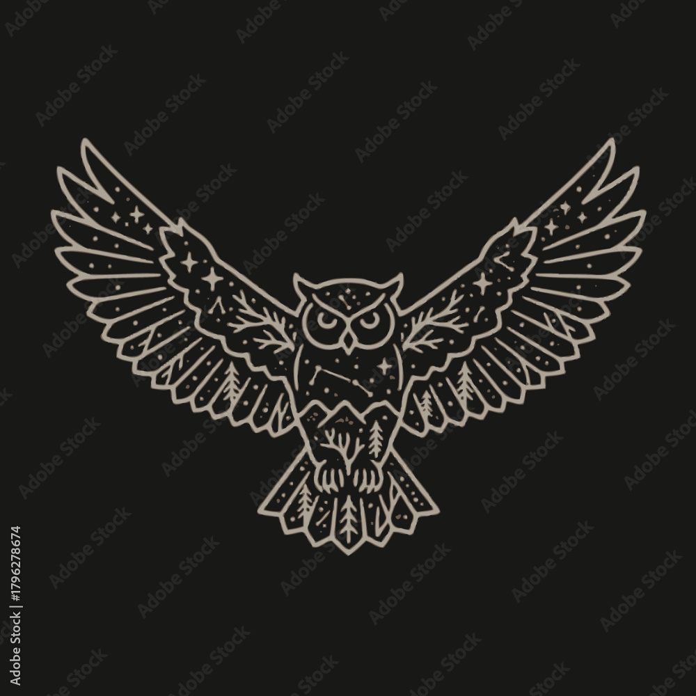 Obraz premium Detailed line art illustration of an owl in flight, adorned with stars and constellations against a dark background.