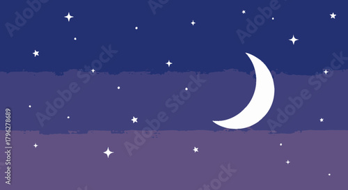 Dreamy Night Sky Illustration with Crescent Moon and Sparkling Stars Background Scene