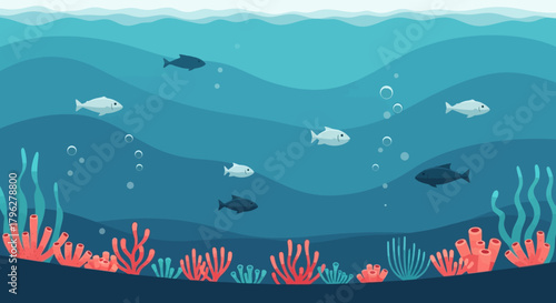 Cartoon underwater scene with fish and coral reef creating a whimsical seascape illustration