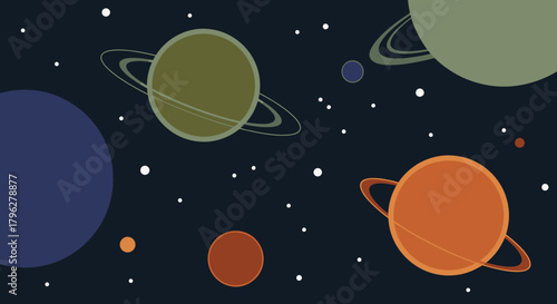 A cartoon-style cosmic composition showcasing colorful planets and twinkling stars against a dark