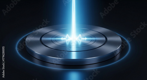 Futuristic technology concept with a glowing blue beam emanating from a metallic platform, symbolizing innovation, energy, and advanced technological solutions